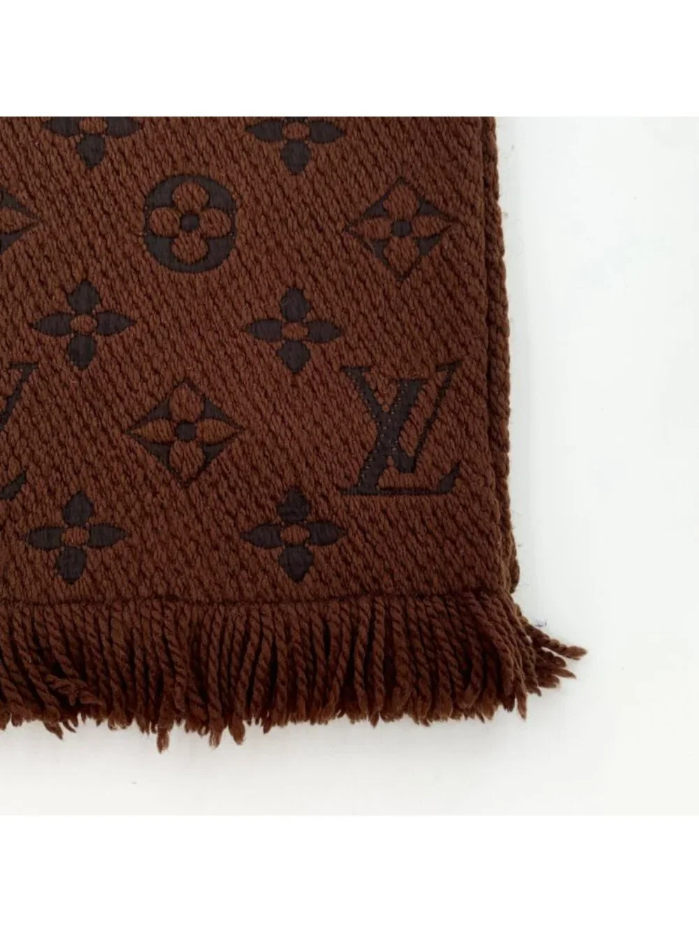 Louis Vuitton Red Brown Logo Jacquard Wool Fringe Scarf